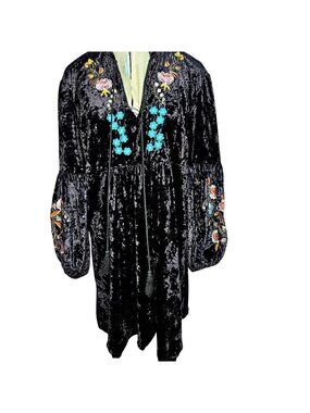 Woman's Roiiiii black velvet boho dark whimsigoth vintage floral tunic dress L